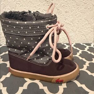 See Kai Run Gray and Pink Polka Dot Kids Boots